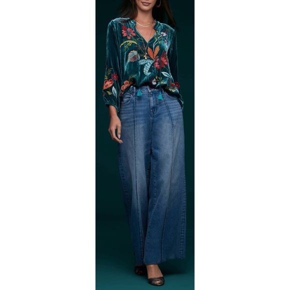 Johnny Was Teal Floral Embroidered Blouse - Picture 5 of 8